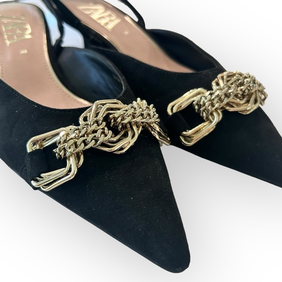 NWOT Zara Black Suede Pointy Toe Slingback Kitten Heels With Gold Chain - Picture 7 of 13
